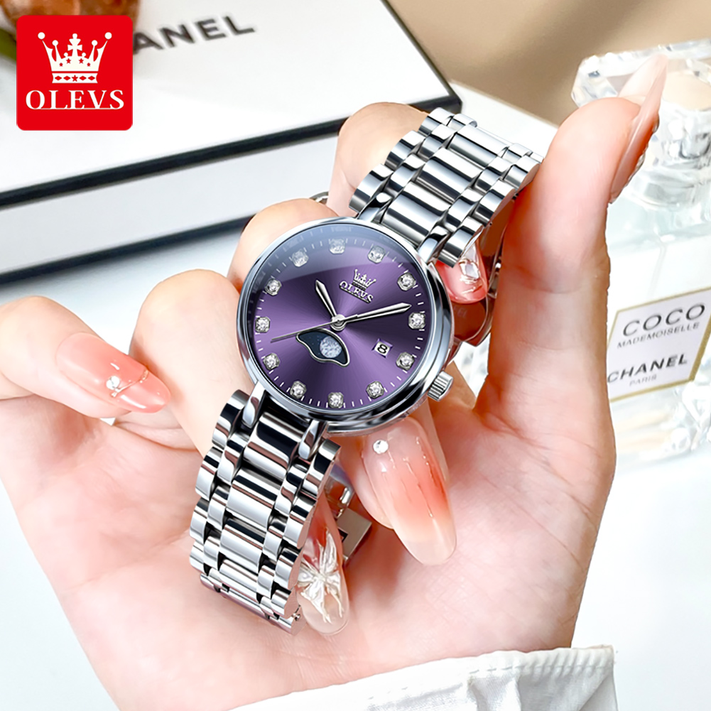 Luxury Watch Moon Phase - OLEVS 여성용 우아한 패션 보라색 라인석