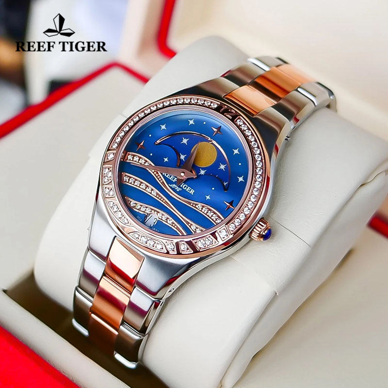 Luxury Watch Moon Phase - Reef Tiger/RT 여성용 럭셔리 쿼츠 손목시계,