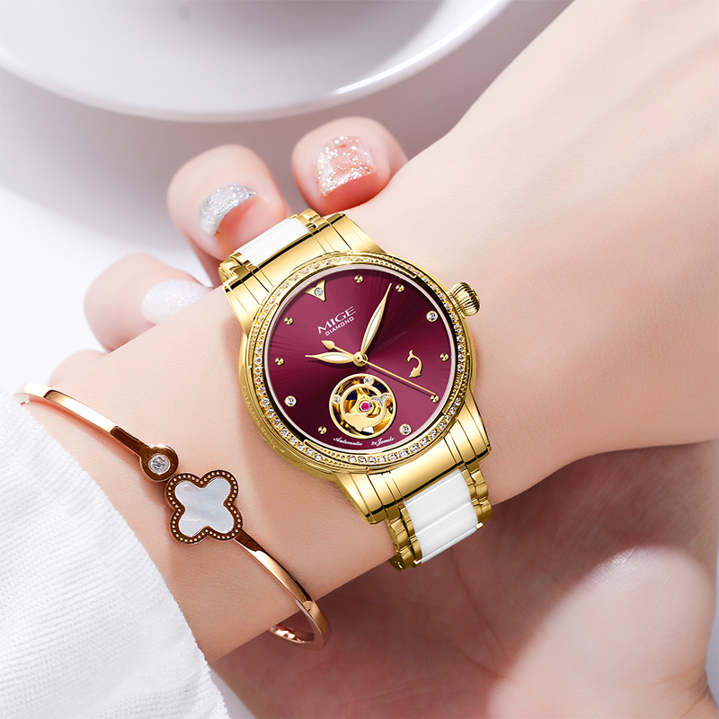 MIGE 여성용 스켈레톤 오토 시계 골드 화이트 세라믹 - Luxury Watch White 리뷰 및 가격