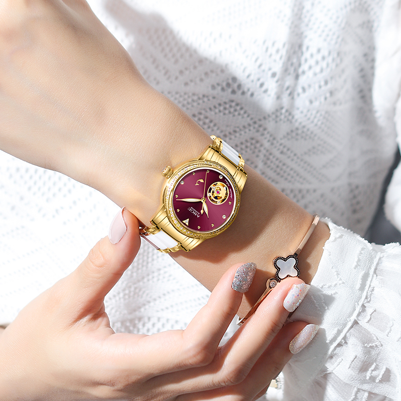 MIGE 여성용 스켈레톤 오토 시계 골드 화이트 세라믹 - Luxury Watch White 리뷰 및 가격