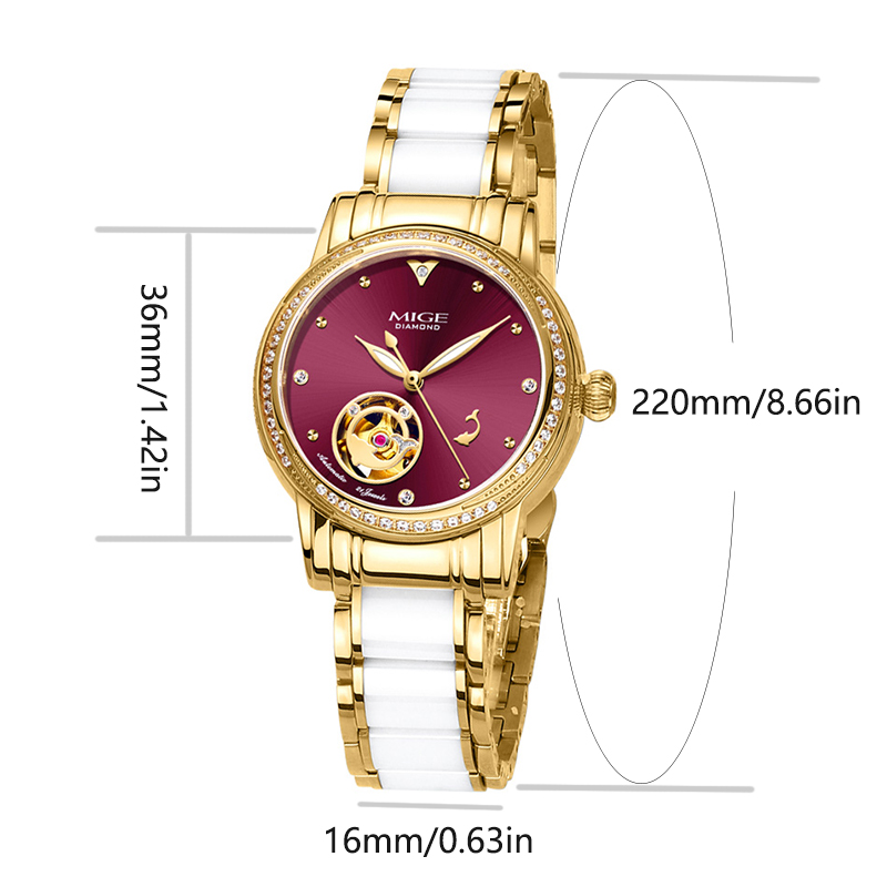 MIGE 여성용 스켈레톤 오토 시계 골드 화이트 세라믹 - Luxury Watch White 리뷰 및 가격