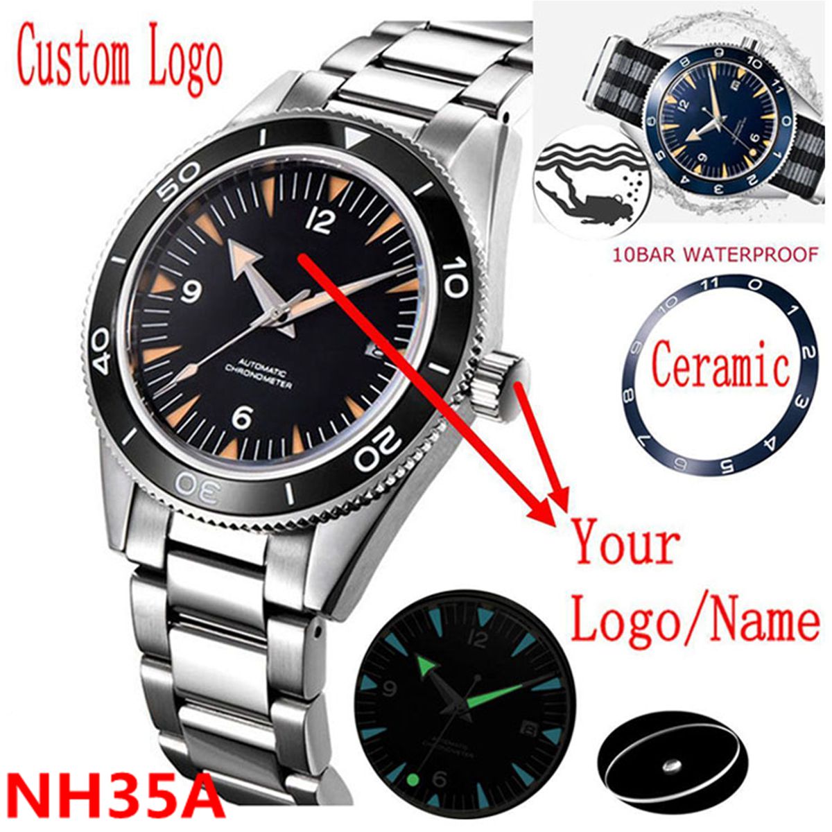사용자 정의 로고 NH35 무브먼트 시계 10bars  - Luxury Watch Logos 리뷰 및 가격