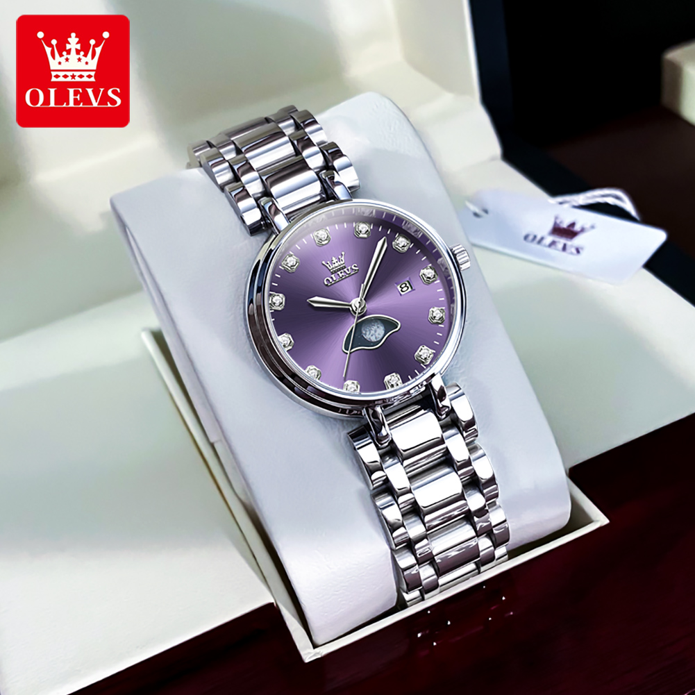 OLEVS 여성용 우아한 패션 보라색 라인석 다이얼 쿼 - Luxury Watch Moon Phase 리뷰 및 가격