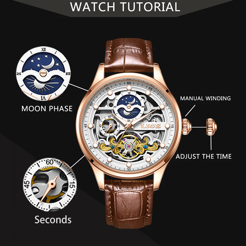 LIGE 레트로 비즈니스 스켈레톤 남성용 기계식 시계  - Luxury Watch Moon Phase 리뷰 및 가격