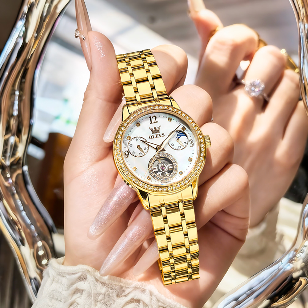 OLEVS 6750 자동 여성용 시계 스테인레스 스틸  - Luxury Watch Moon Phase 리뷰 및 가격